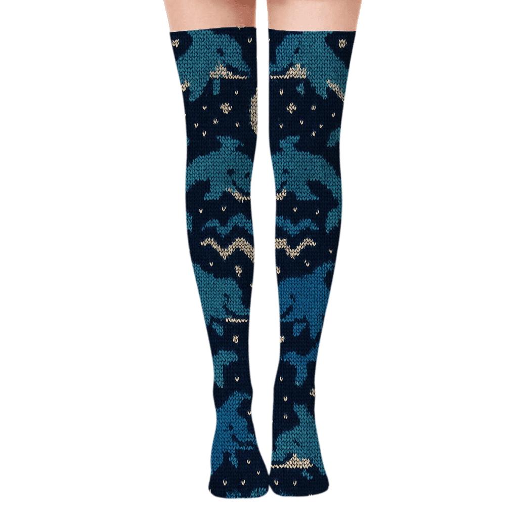 Dolphin Splash Knit Illusion Tessellation designer print over-the-knee socks