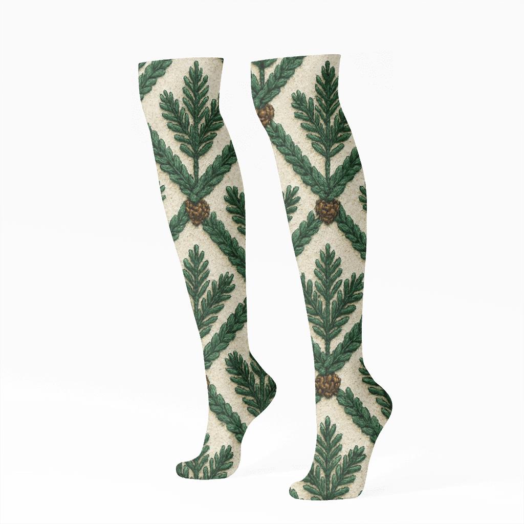 Scandinavian Knit Illusion Evergreen Branches Lattice soft everyday knee-high socks