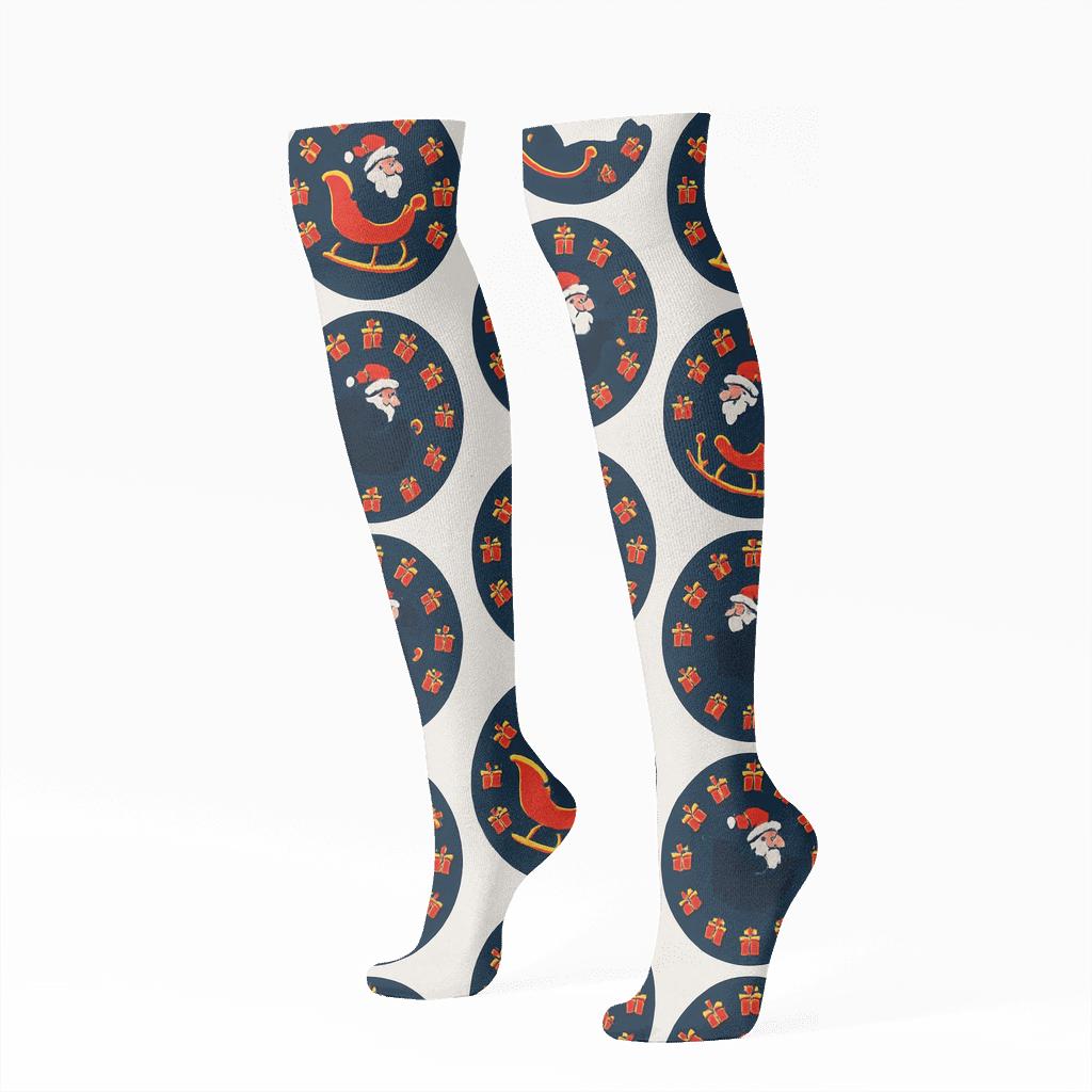 Santa Sleigh In Xmas Spiral Medallions premium sports knee-high socks