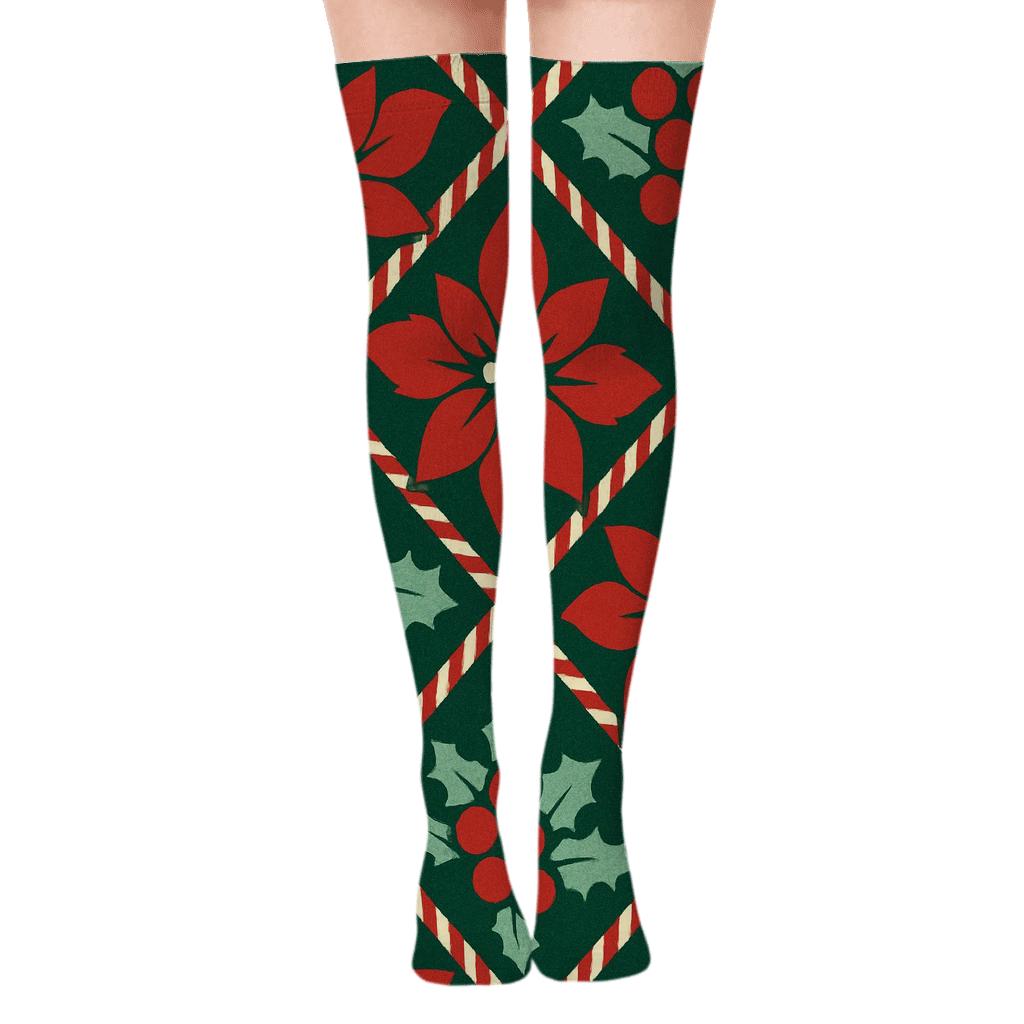 Candy Cane Poinsettia Lattice On Deep Pine Green Background personalized over-the-knee socks