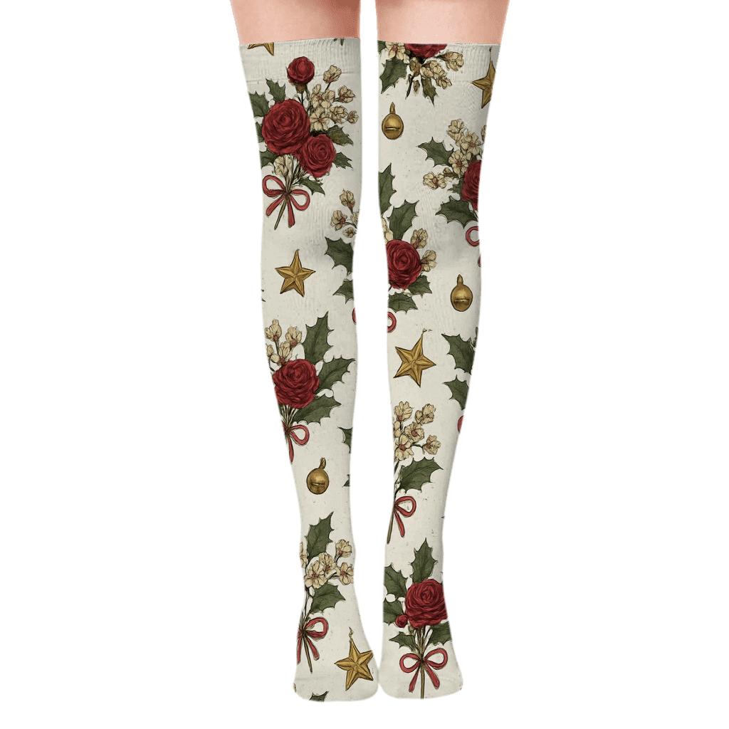 Golden Starberry Roses Scatter On Snow White Background unique graphic over-the-knee socks