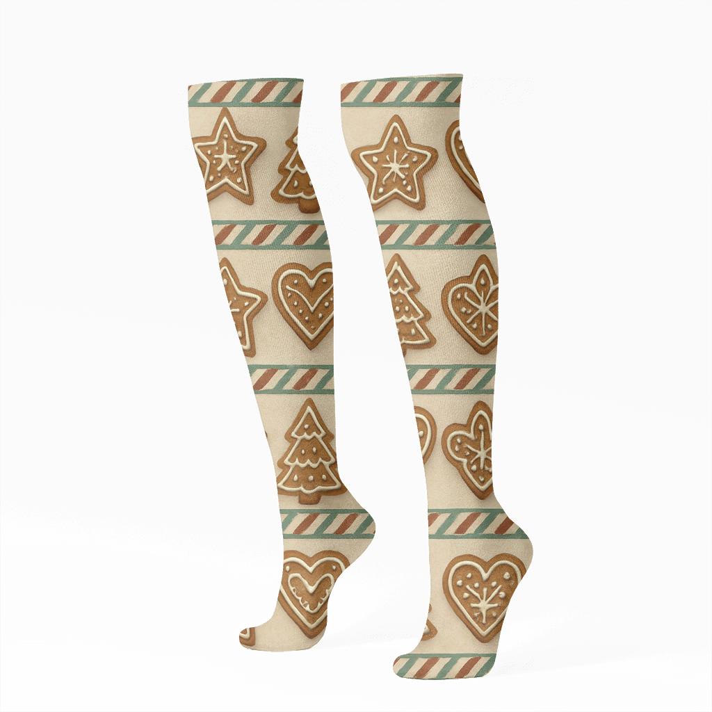 Gingerbread Tiles With Holiday Icing Bands unique graphic knee-high socks