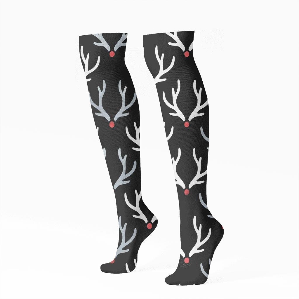 Xmas Reindeer Antlers Chevron On Black personalized knee-high socks