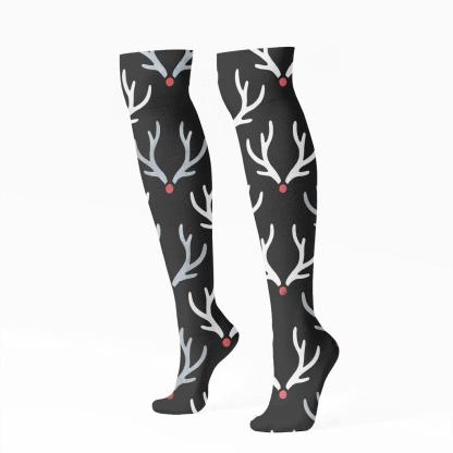 Xmas Reindeer Antlers Chevron On Black personalized knee-high socks