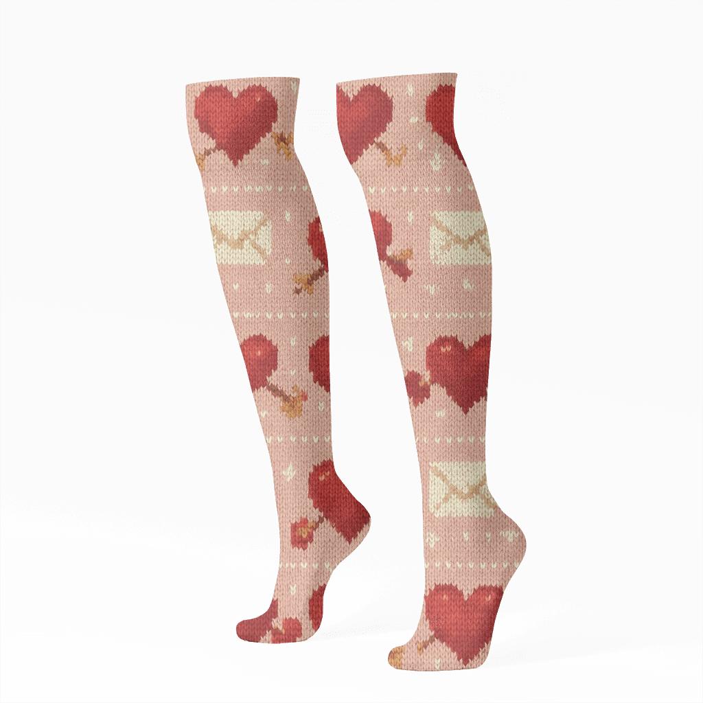 Knitted Valentine’s Heart With Arrow Fair Isle Repeat comfortable cotton knee-high socks