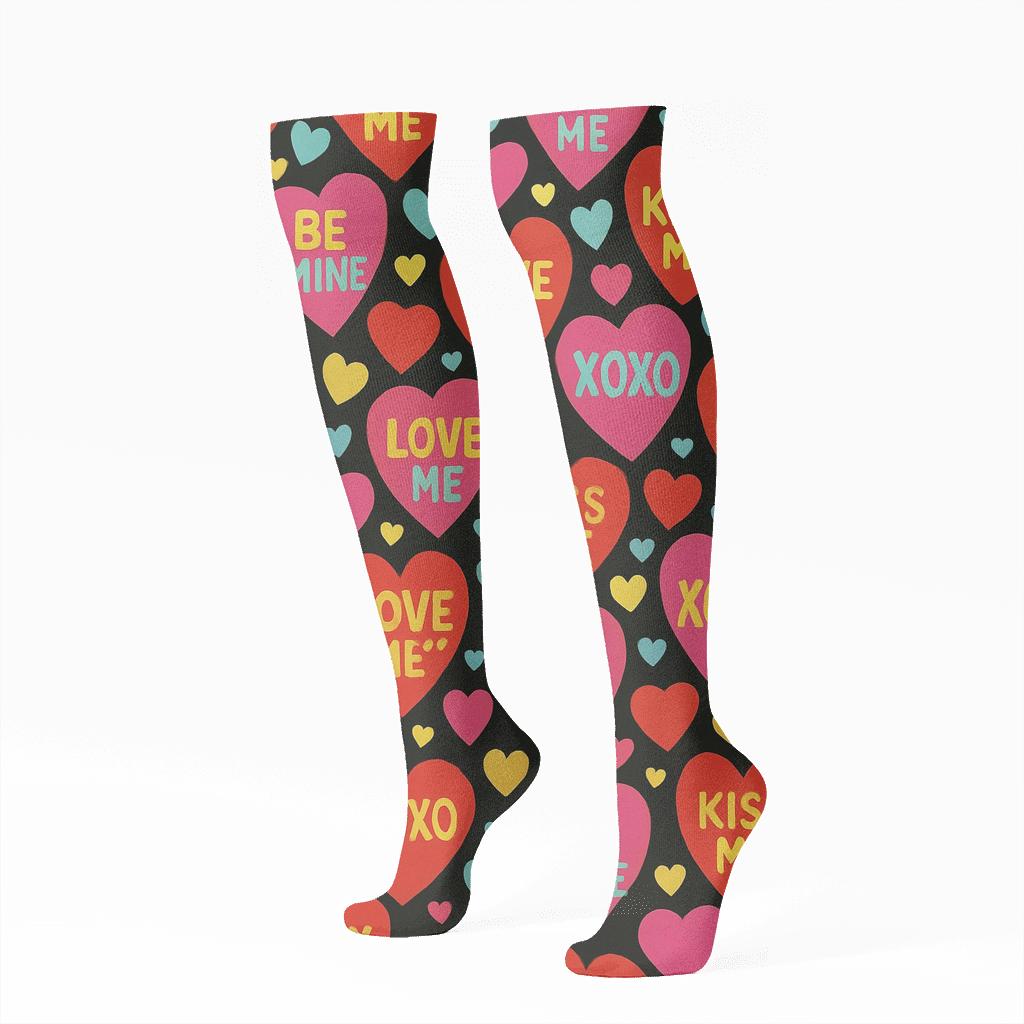 Vintage Candy Packaging Look Valentines Candy Heart Repeat premium sports knee-high socks