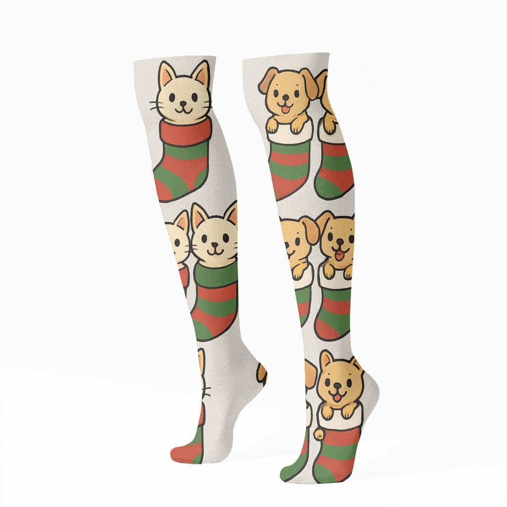 Holiday Pets In Stockings Mirrored Pair Layout comfortable cotton knee-high socks