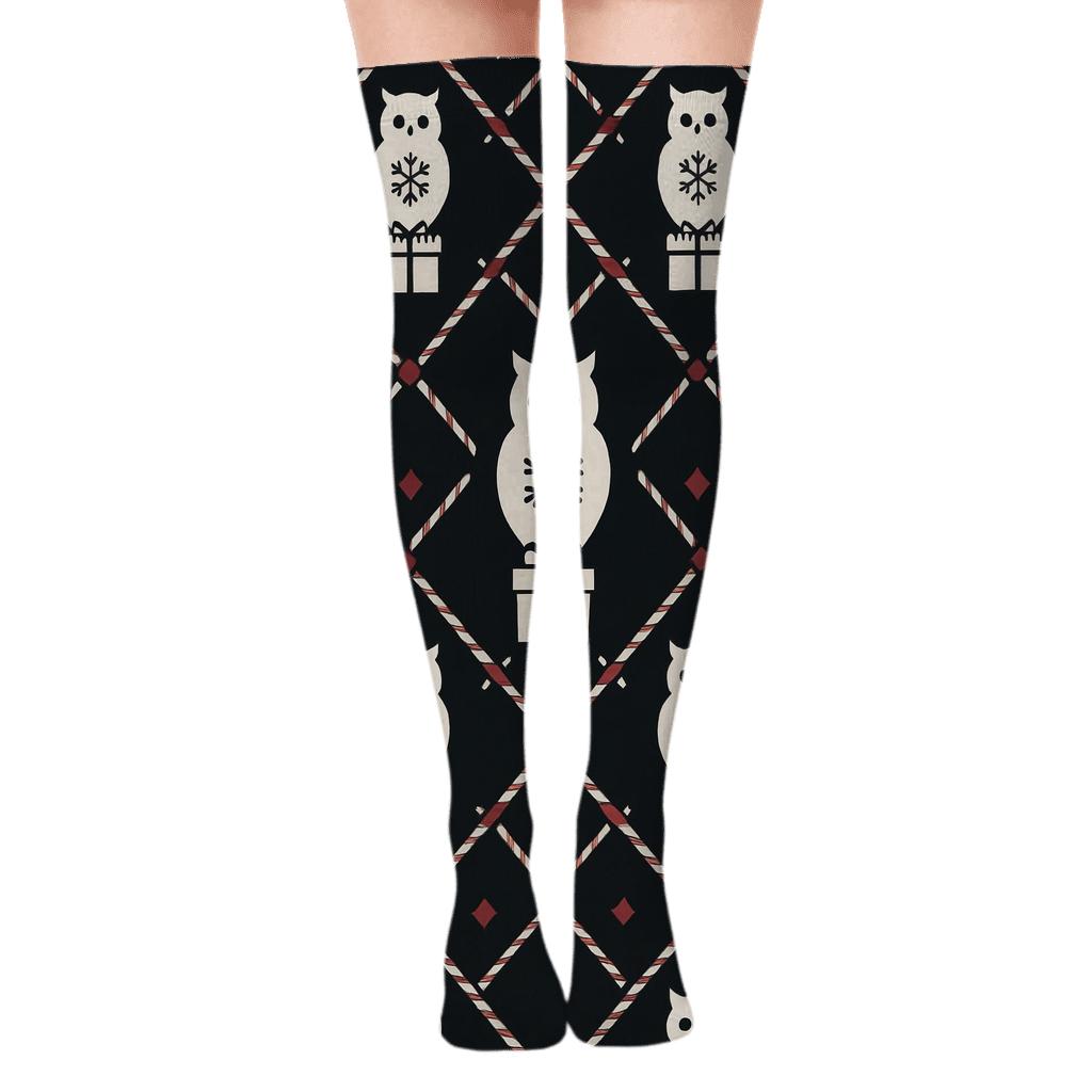 Snowflake Owl Lattice On Midnight Black Background comfortable cotton over-the-knee socks