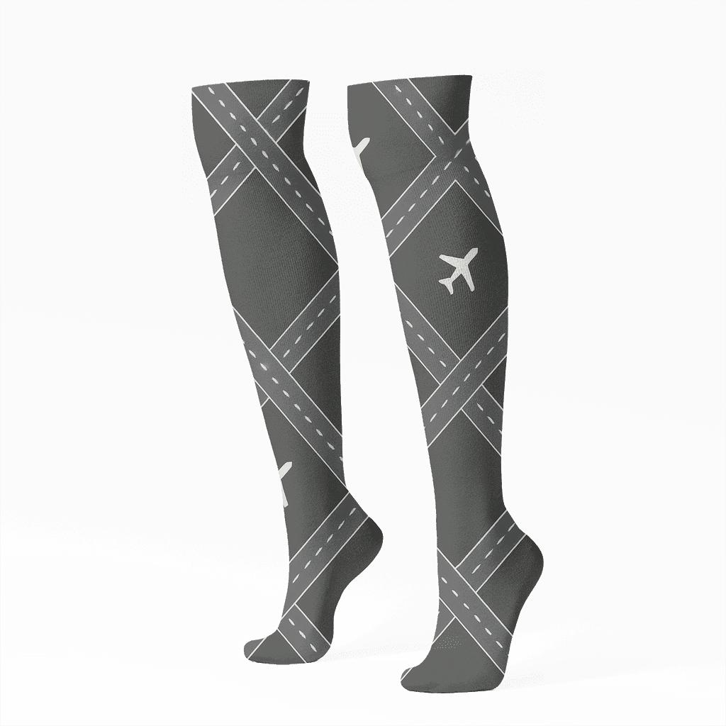 Runway Lattice Airplane Pattern On Charcoal soft everyday knee-high socks