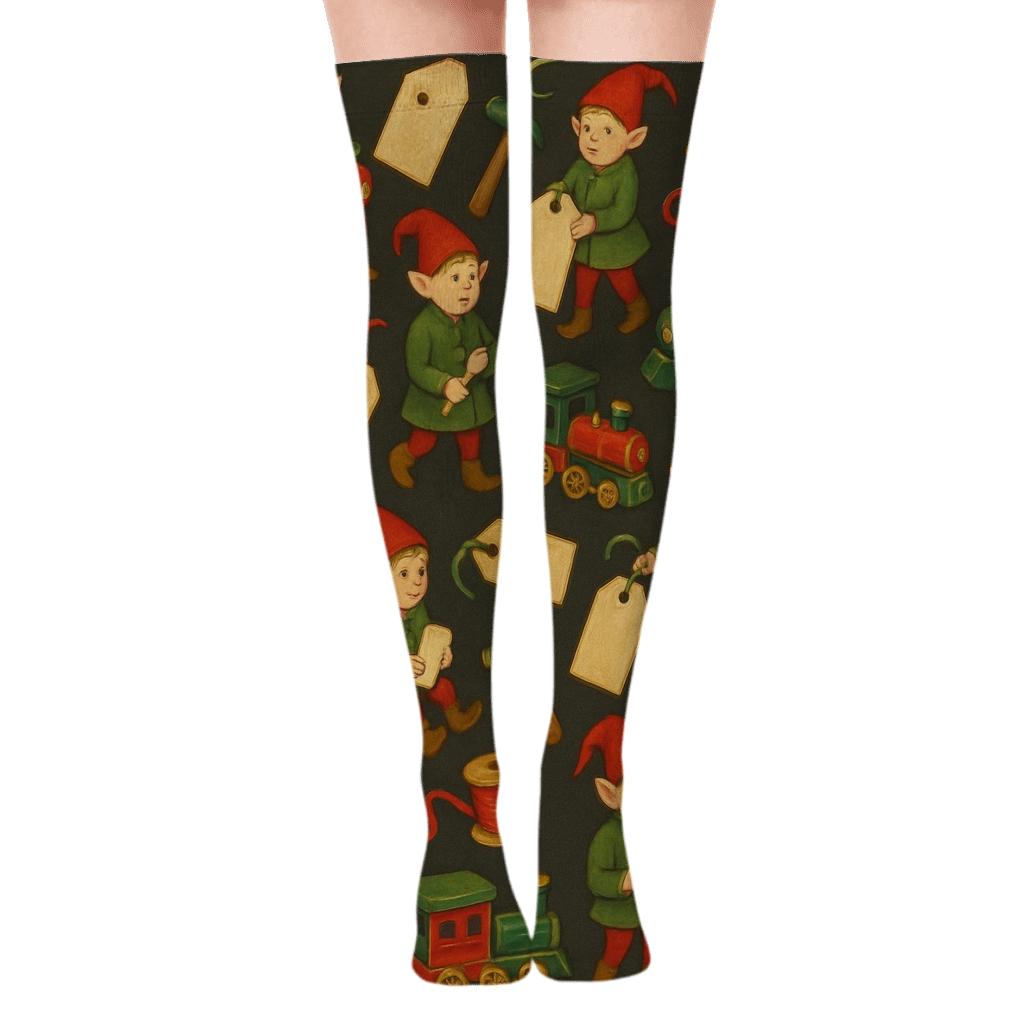 Elf Workshop Holiday Collage Scatter unique graphic over-the-knee socks