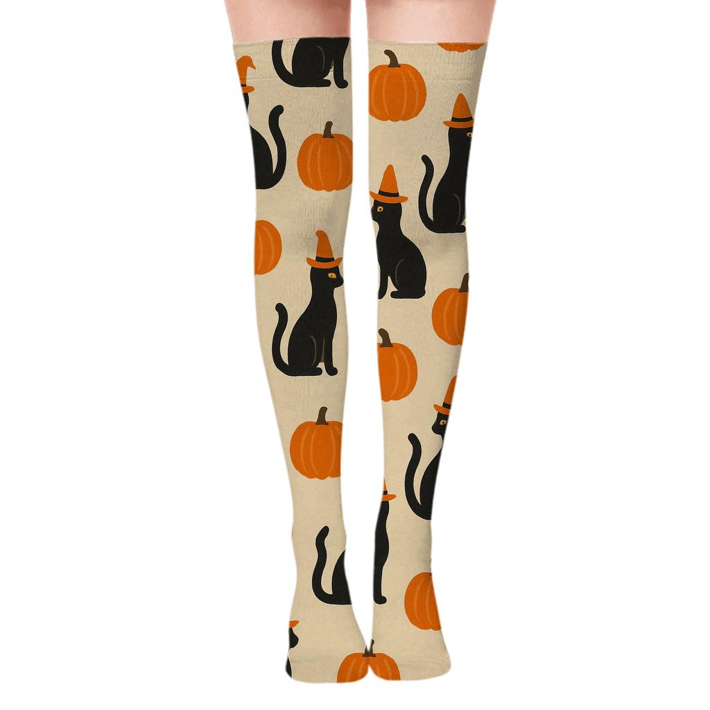 Black Cat And Pumpkin Diagonal March On Proper Neutral Background soft everyday over-the-knee socks