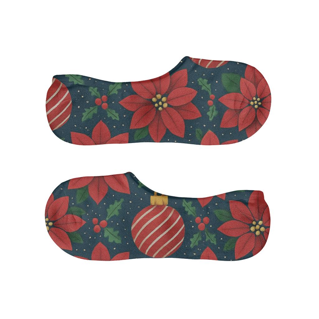 Navy Poinsettia Ornament Lattice anti-slip no-show socks