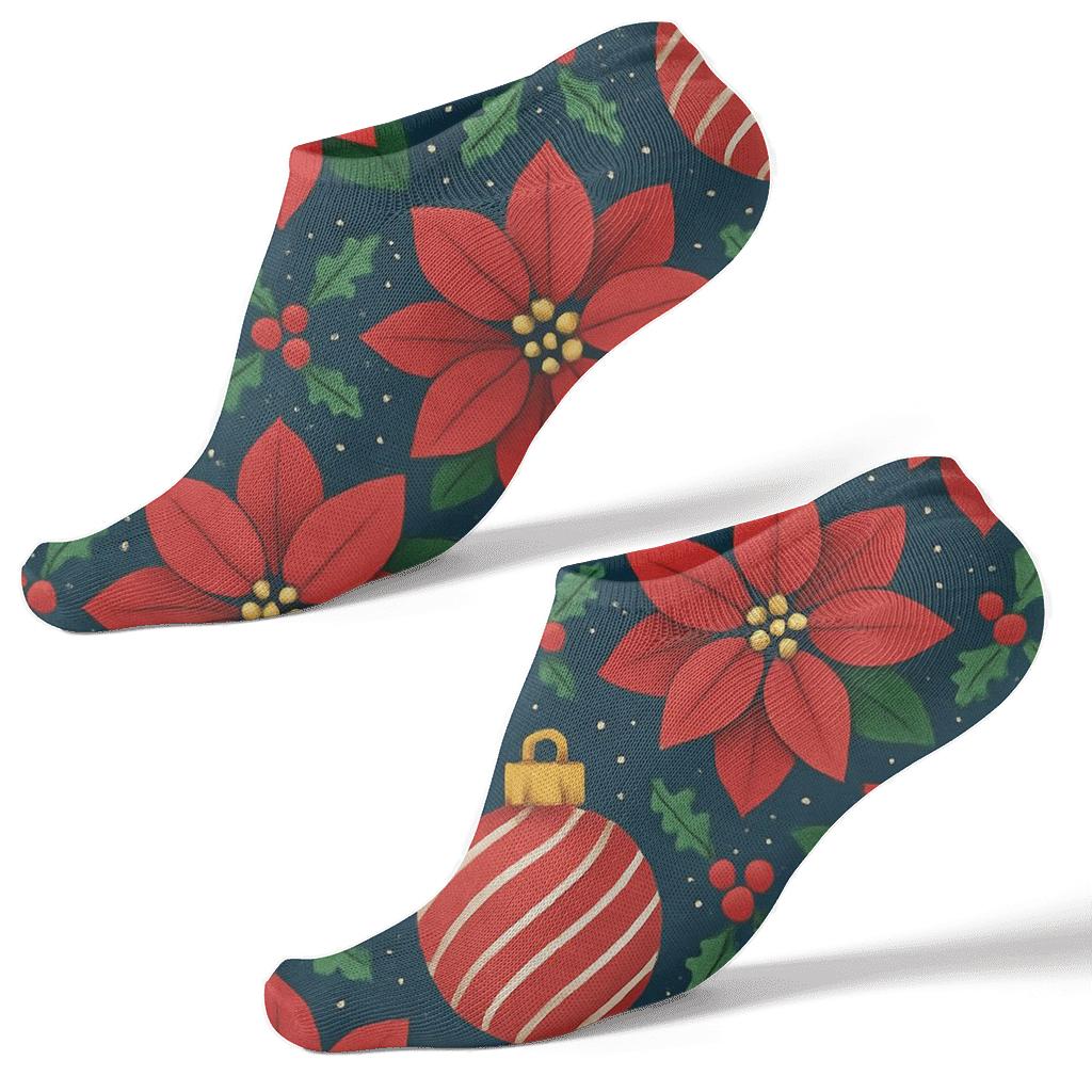 Navy Poinsettia Ornament Lattice stylish athletic ankle socks
