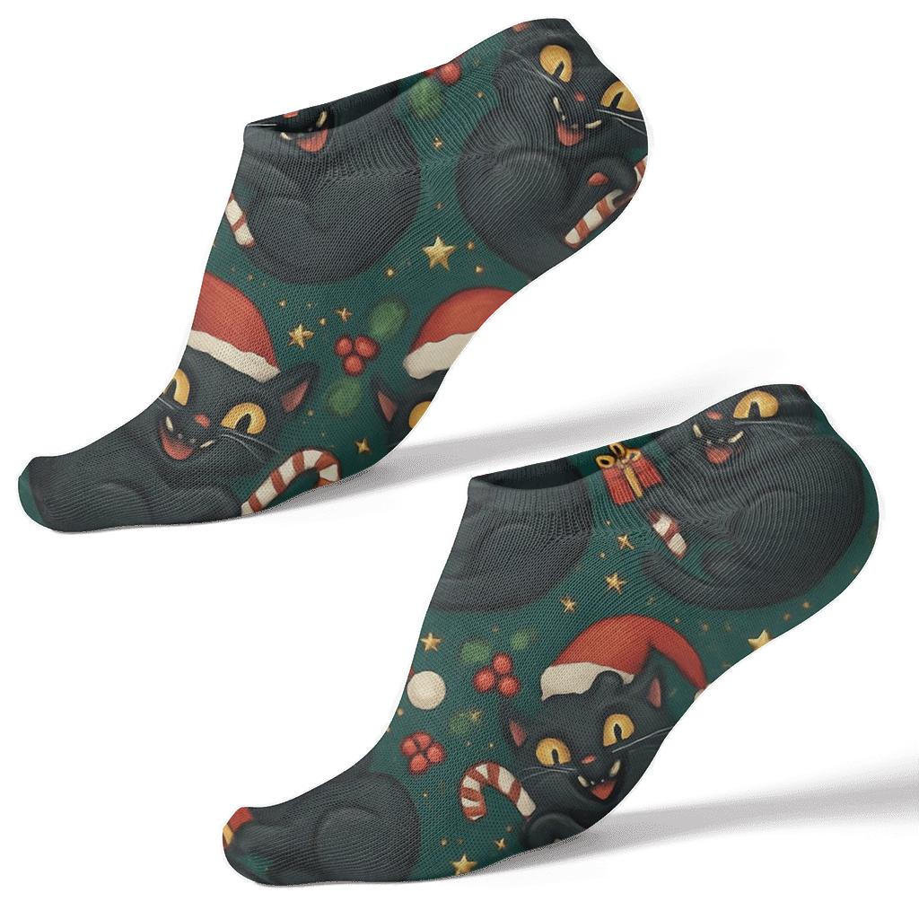 Candy Cane Space Cats Tessellation On Midnight Green Background designer print ankle socks