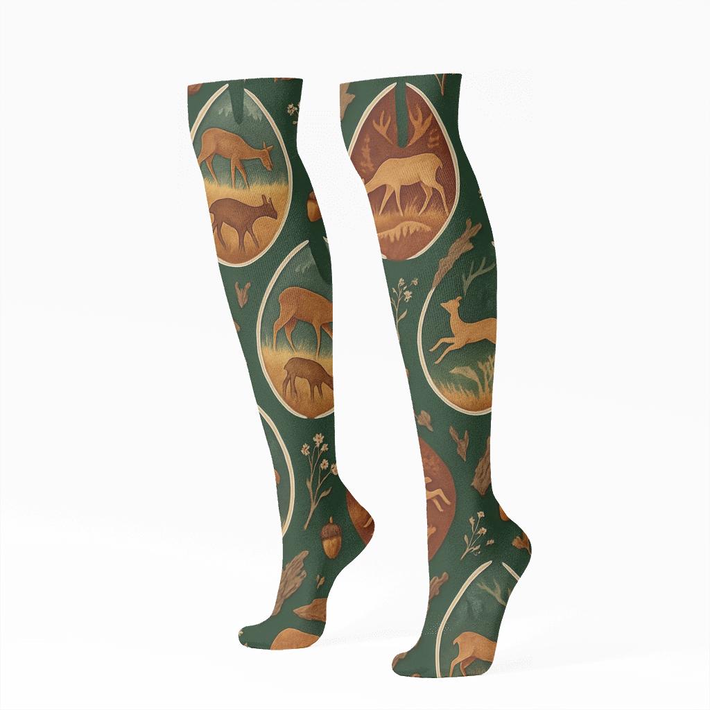 Woodland Collage With Deer Track Tessellation trendy patterned knee-high socks