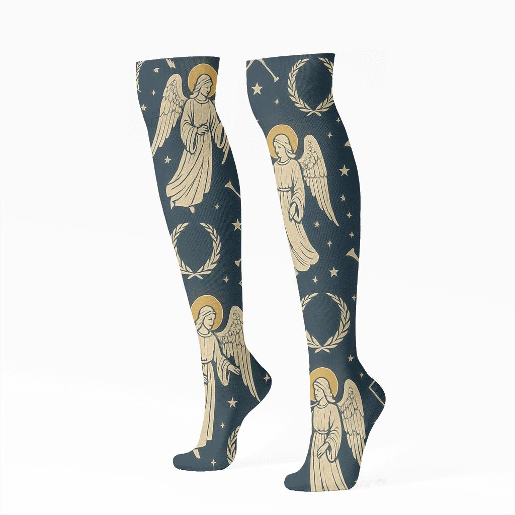 Vintage Celestial Poster Look Angel Halo Wreath Tessellation comfortable cotton knee-high socks