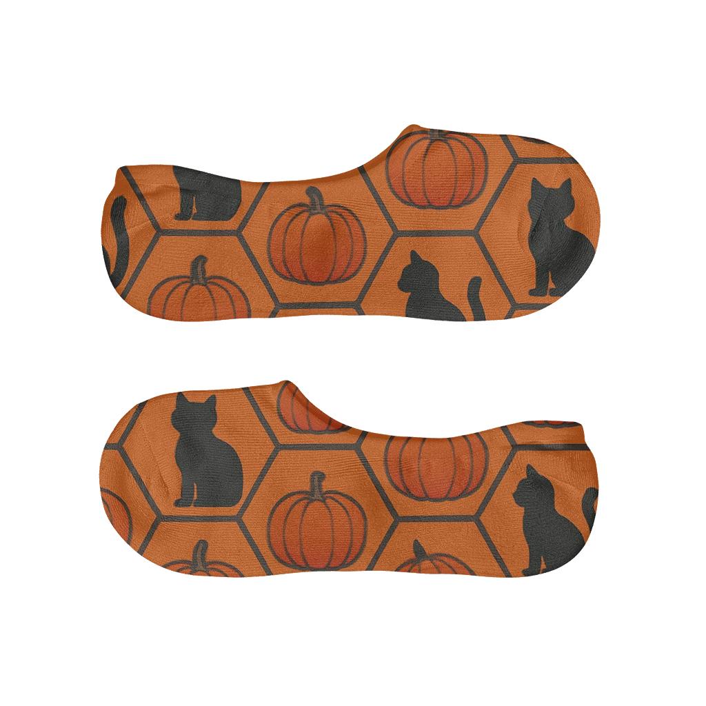 Black Cat Silhouette And Pumpkin Hex Tiles On Orange Background comfortable invisible socks