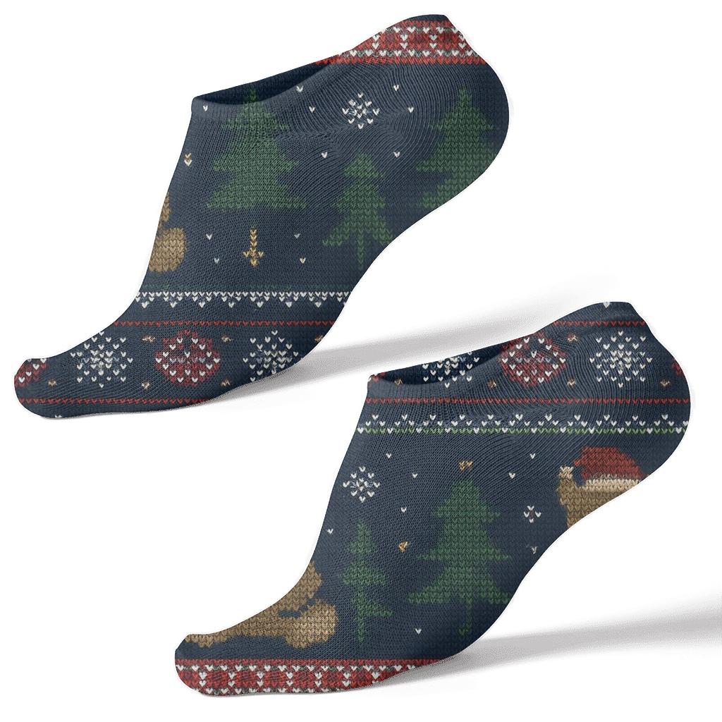 Evergreen Knit Bear Nordic Bands On Navy Blue Background designer print ankle socks