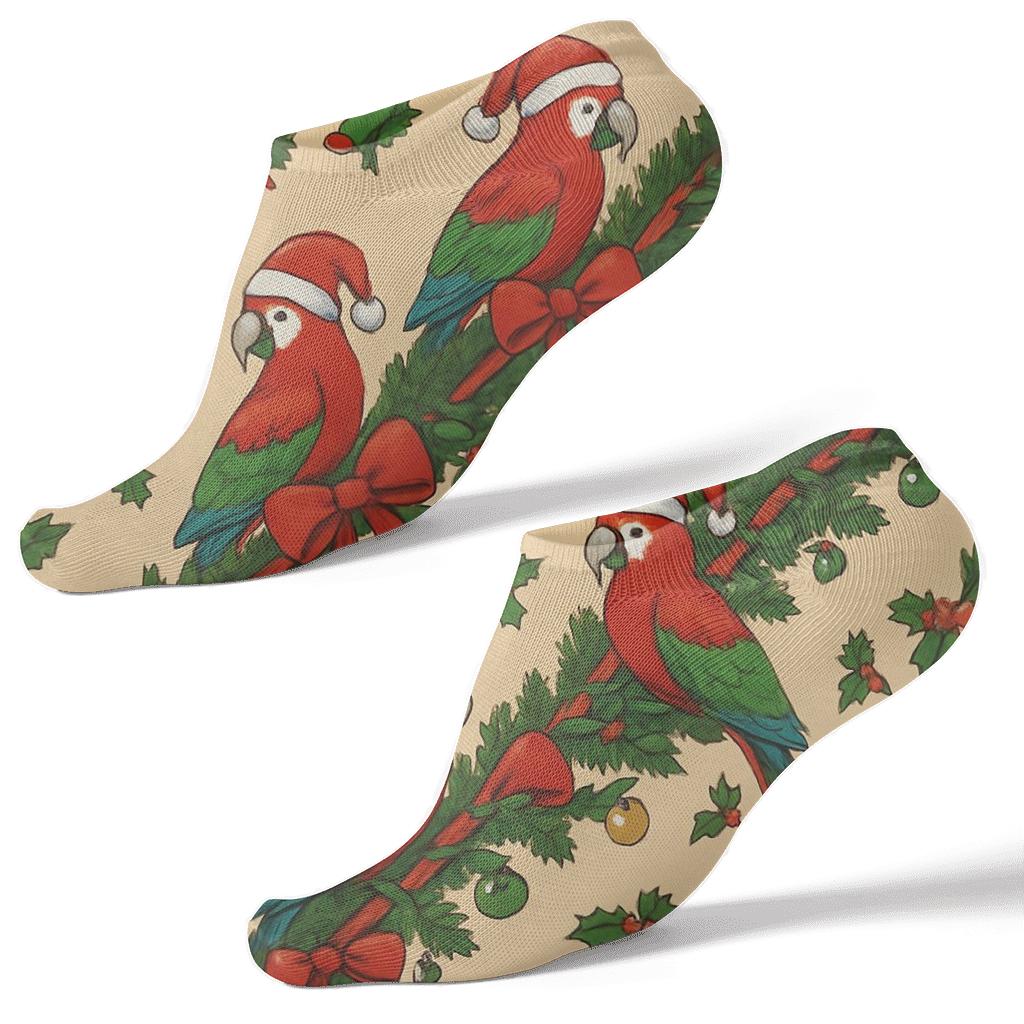 Red Ribbon Parrot Garland Diagonal Repeat On Warm Beige Background designer print ankle socks