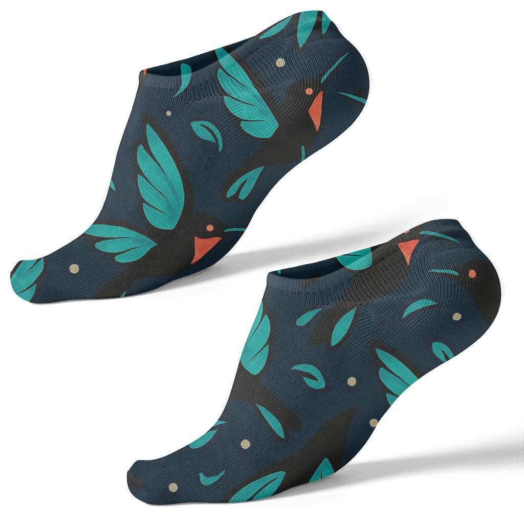 Teal Hummingbird Wing Spirals On Midnight Blue Background unique graphic ankle socks