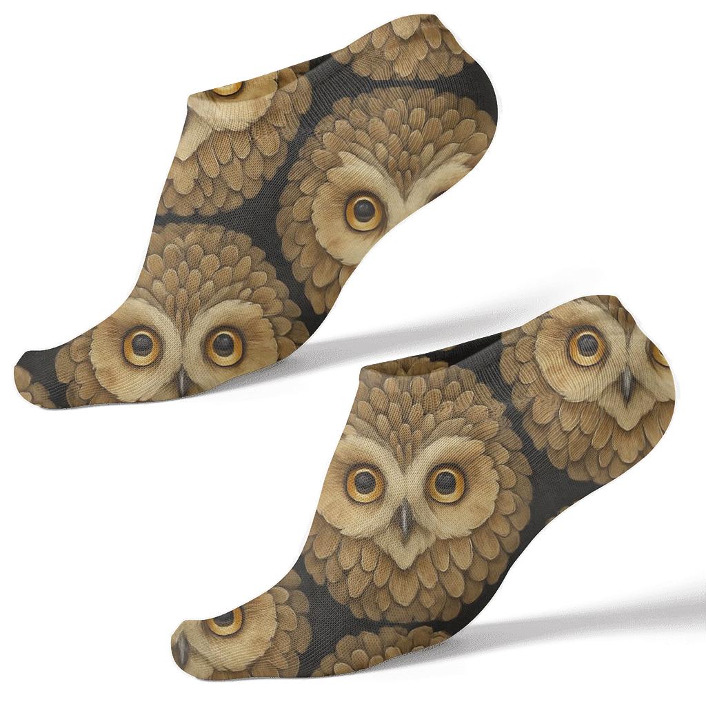 Great Horned Owl Feather Medallions On Black Background unique graphic ankle socks