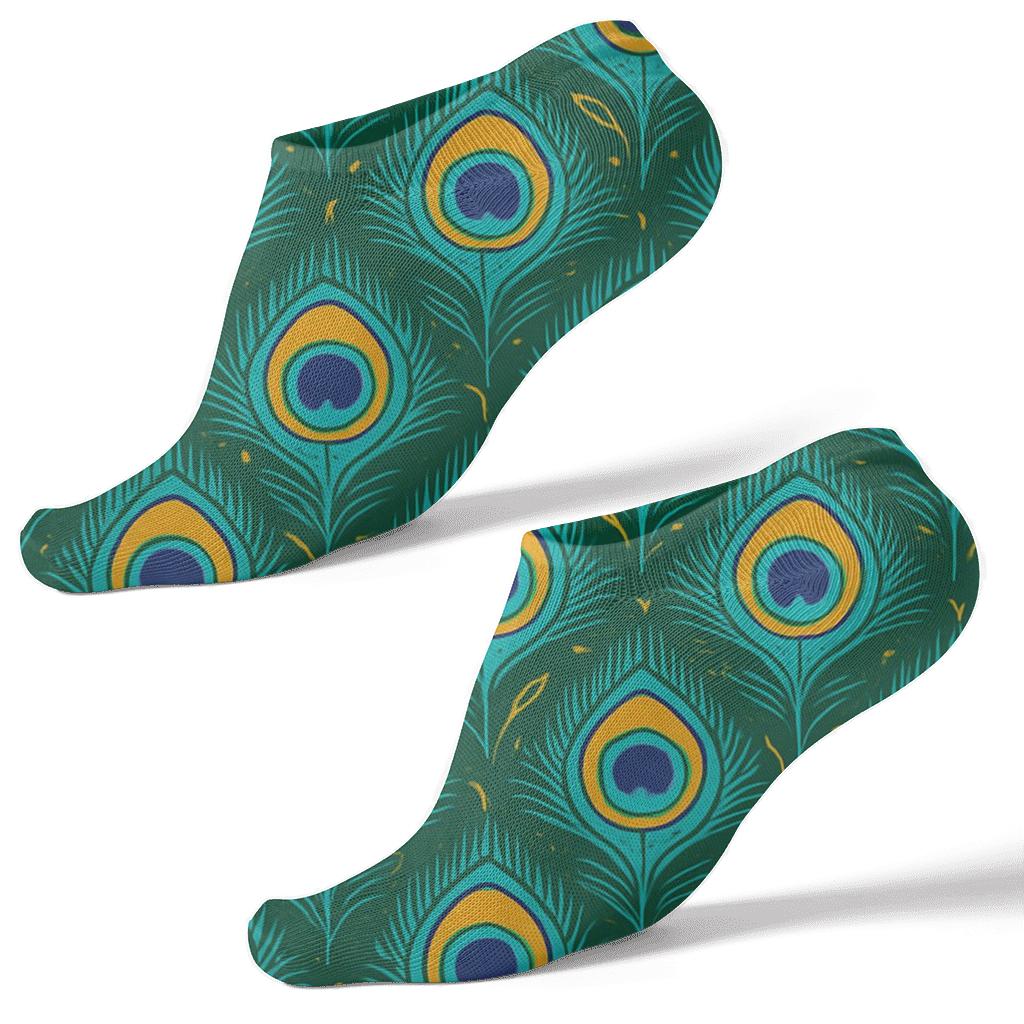 Peacock Tail Eye Grid On Deep Forest Green Background premium sports ankle socks