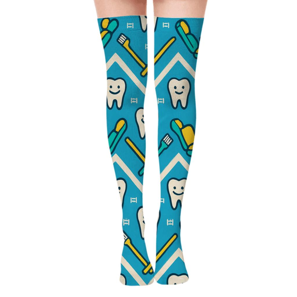 Dentist Chair Chevron On Dental Blue Background personalized over-the-knee socks