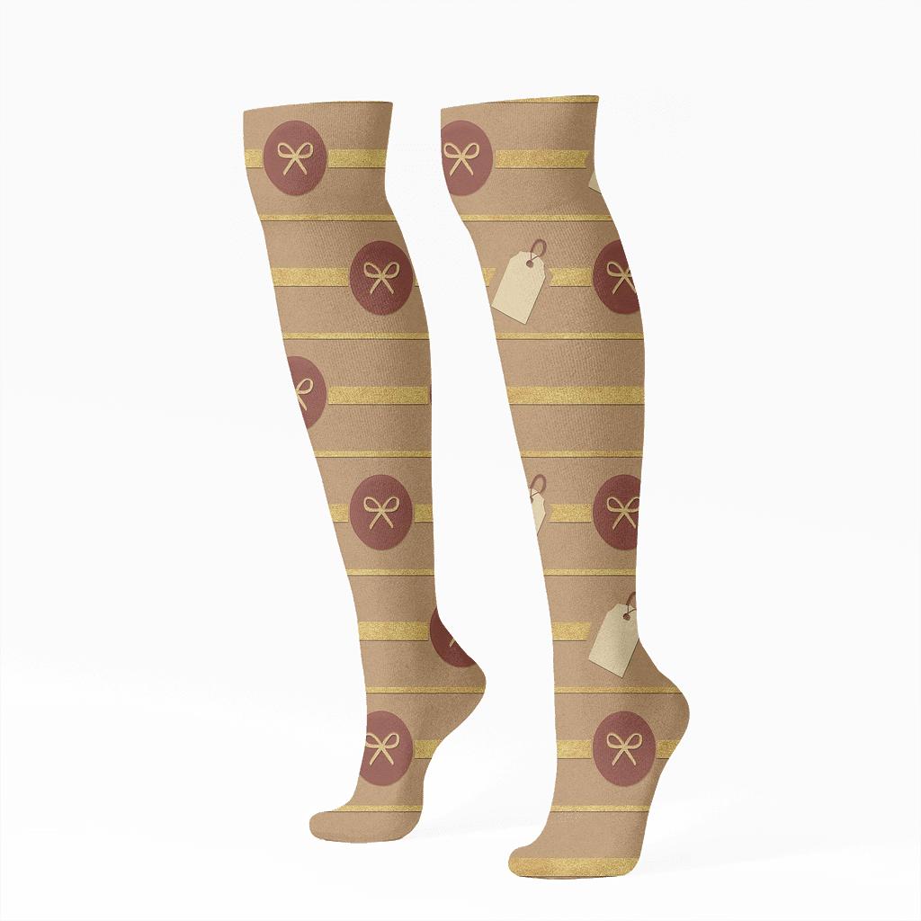 Vintage Gift Wrap Poster Look With Ribbon Bands, Presents trendy patterned knee-high socks