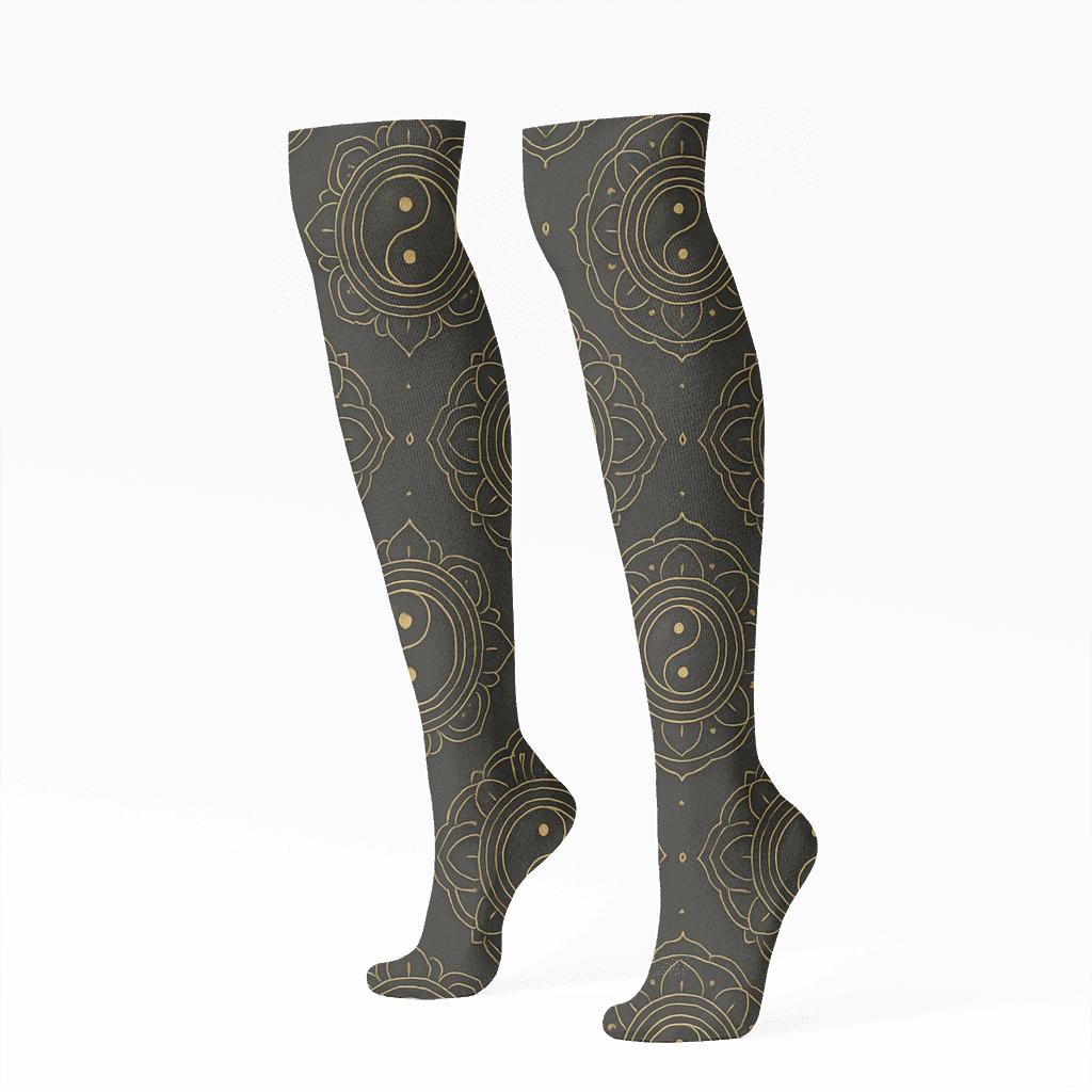 Charcoal Gold Taijitu Mandala Lattice comfortable cotton knee-high socks
