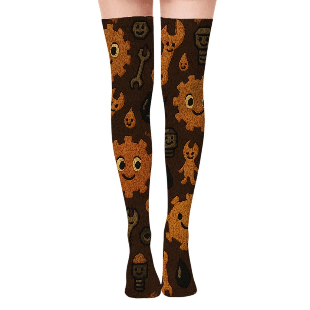 Knitted Workshop Tiles With Cogs, Mechanic soft everyday over-the-knee socks