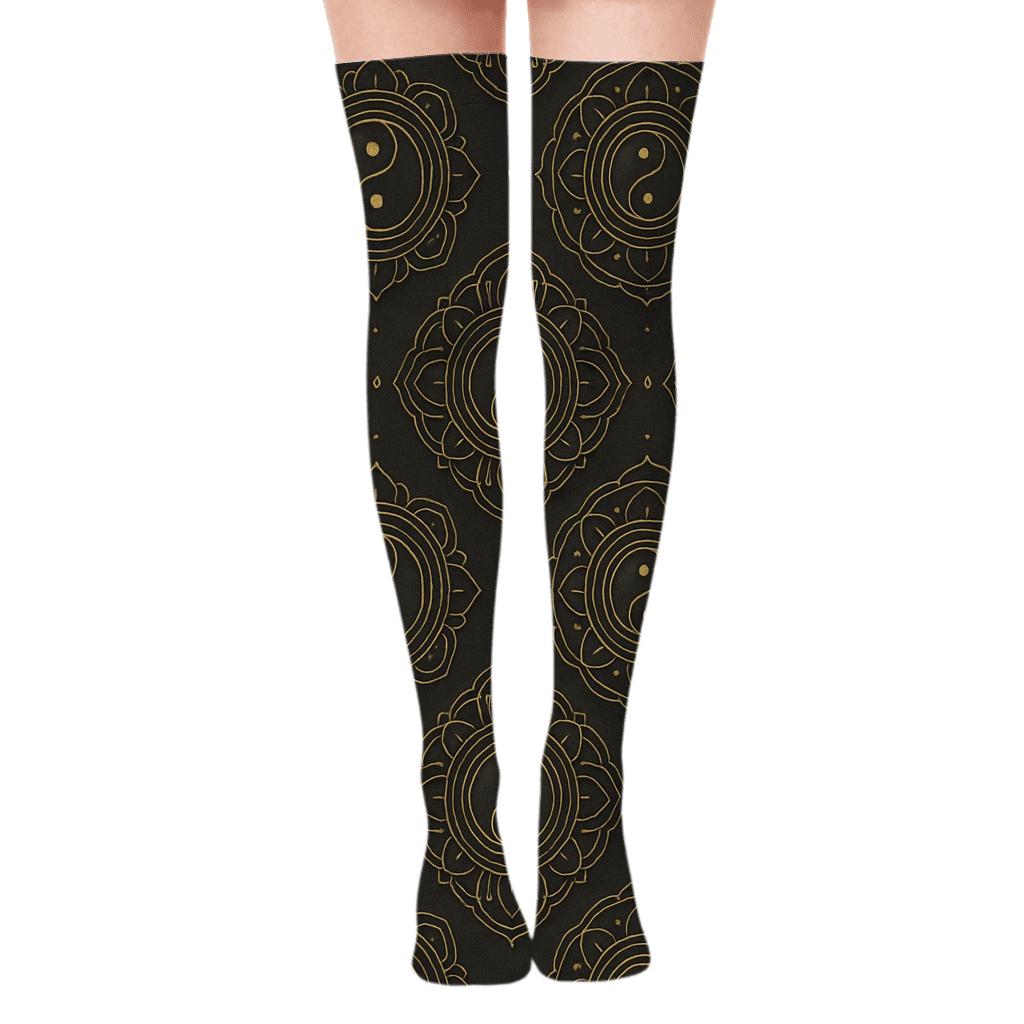 Charcoal Gold Taijitu Mandala Lattice unique graphic over-the-knee socks