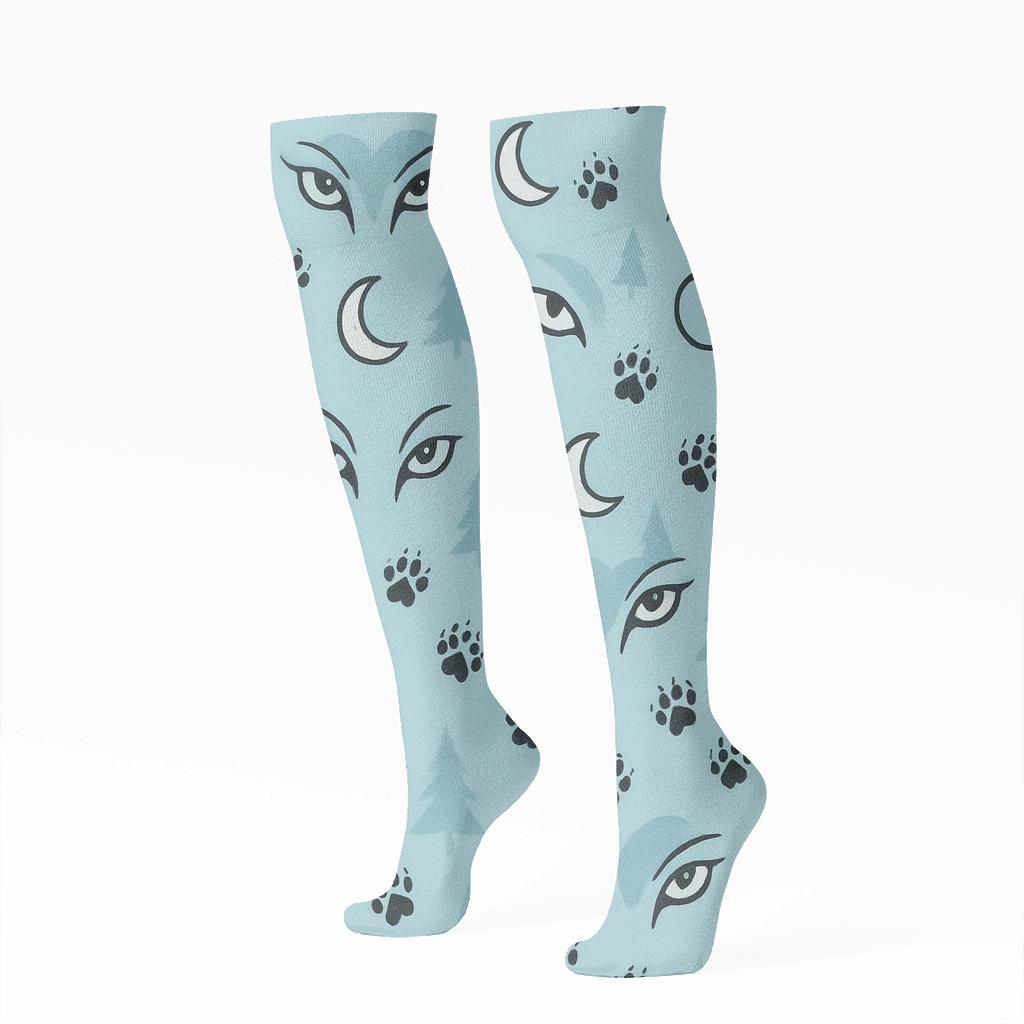 Moonlit Forest Scatter With Gray Wolf Eyes comfortable cotton knee-high socks