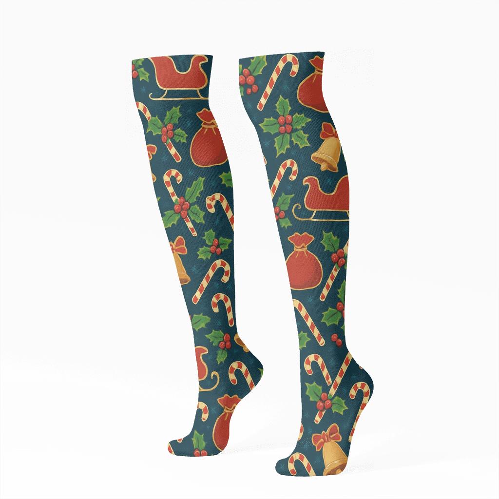 Sleigh Lane Pattern With Santa Claus Motif trendy patterned knee-high socks