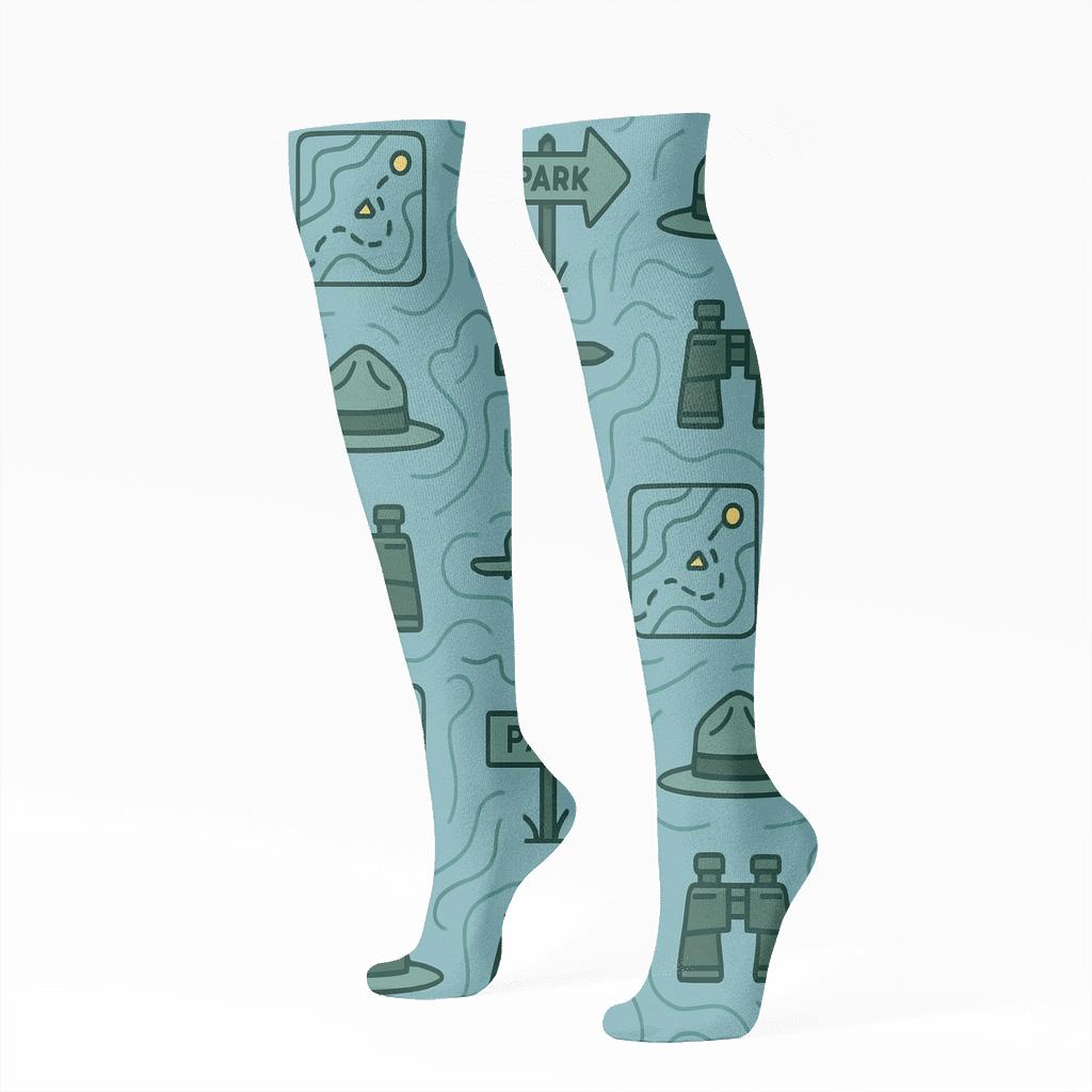 Trail Map Grid With Park Ranger Icons designer print knee-high socks
