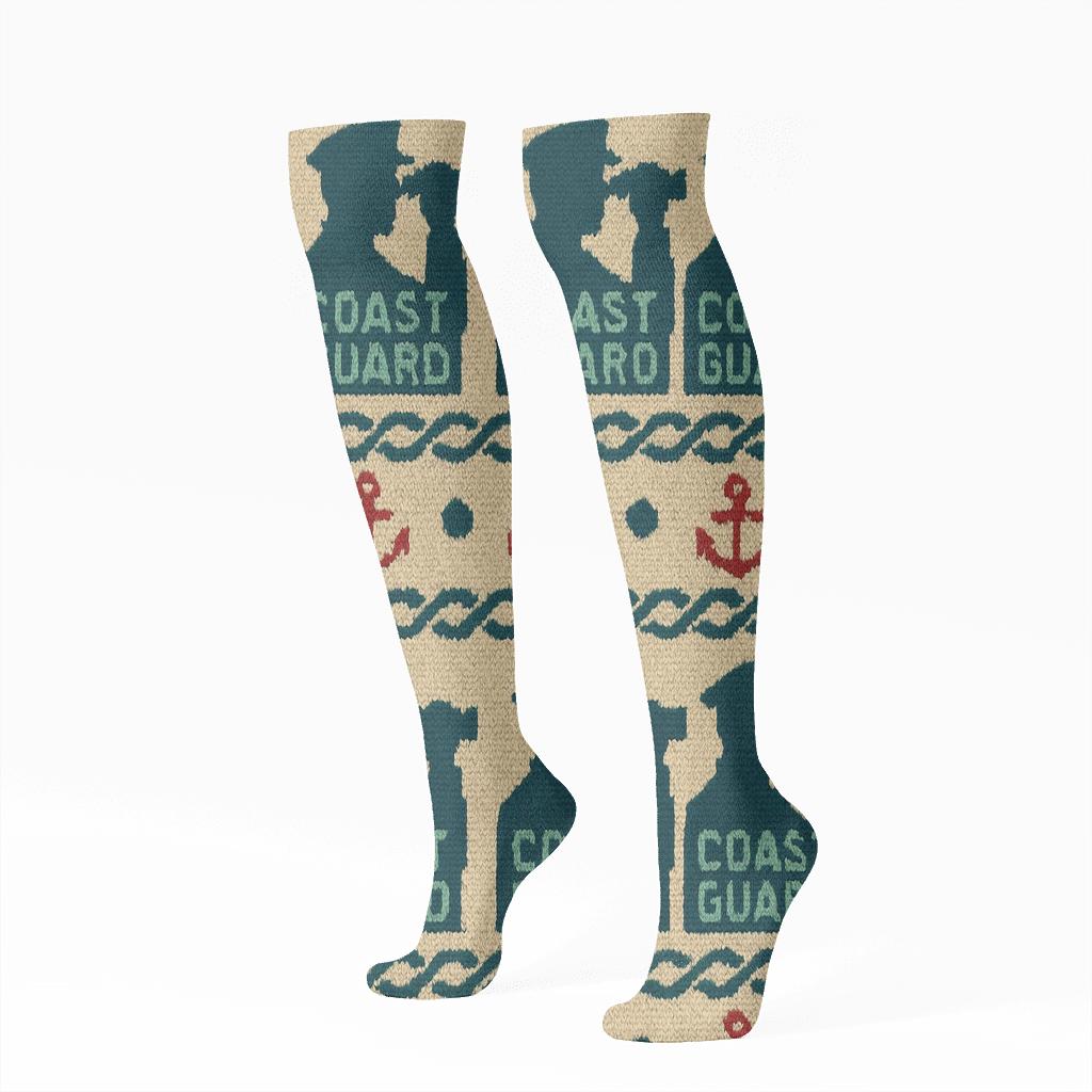 Coast Guard Officer Knit Illusion Rope Band Pattern unique graphic knee-high socks