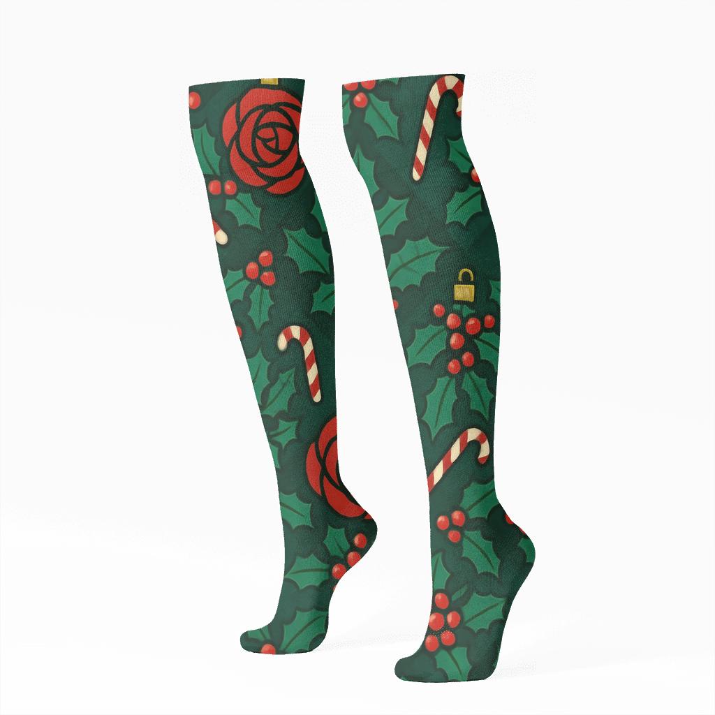 Crimson Rose Ornament Lattice On Midnight Green Background premium sports knee-high socks