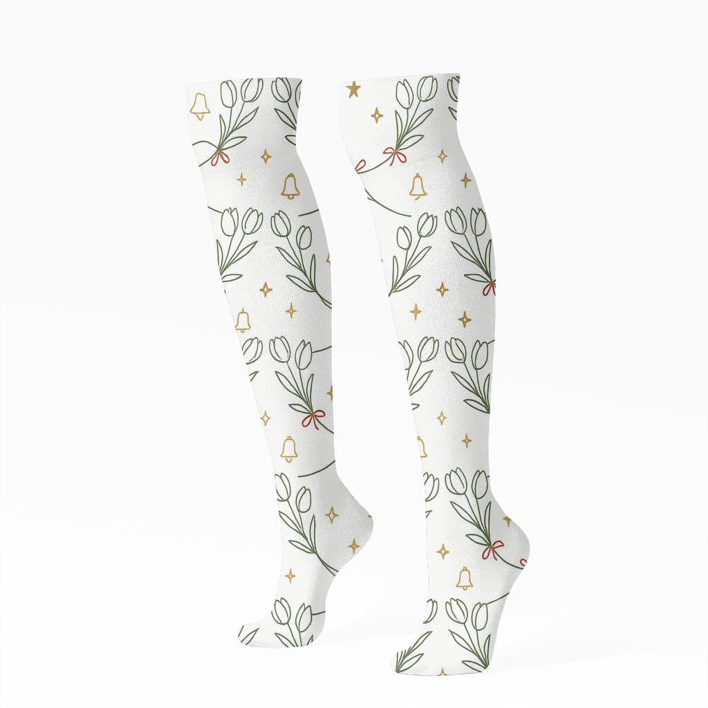Ivory Line Art Tulip Garland Grid On Snow White Background designer print knee-high socks