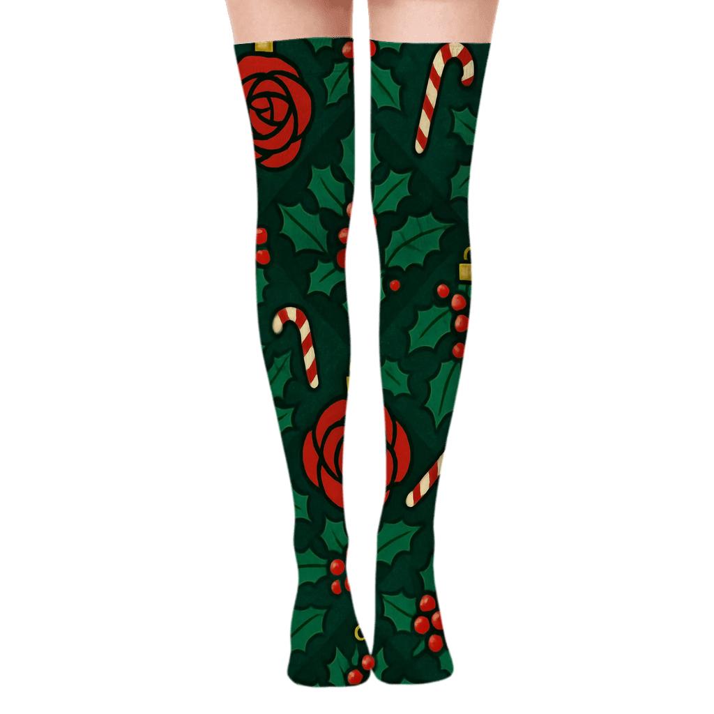 Crimson Rose Ornament Lattice On Midnight Green Background designer print over-the-knee socks