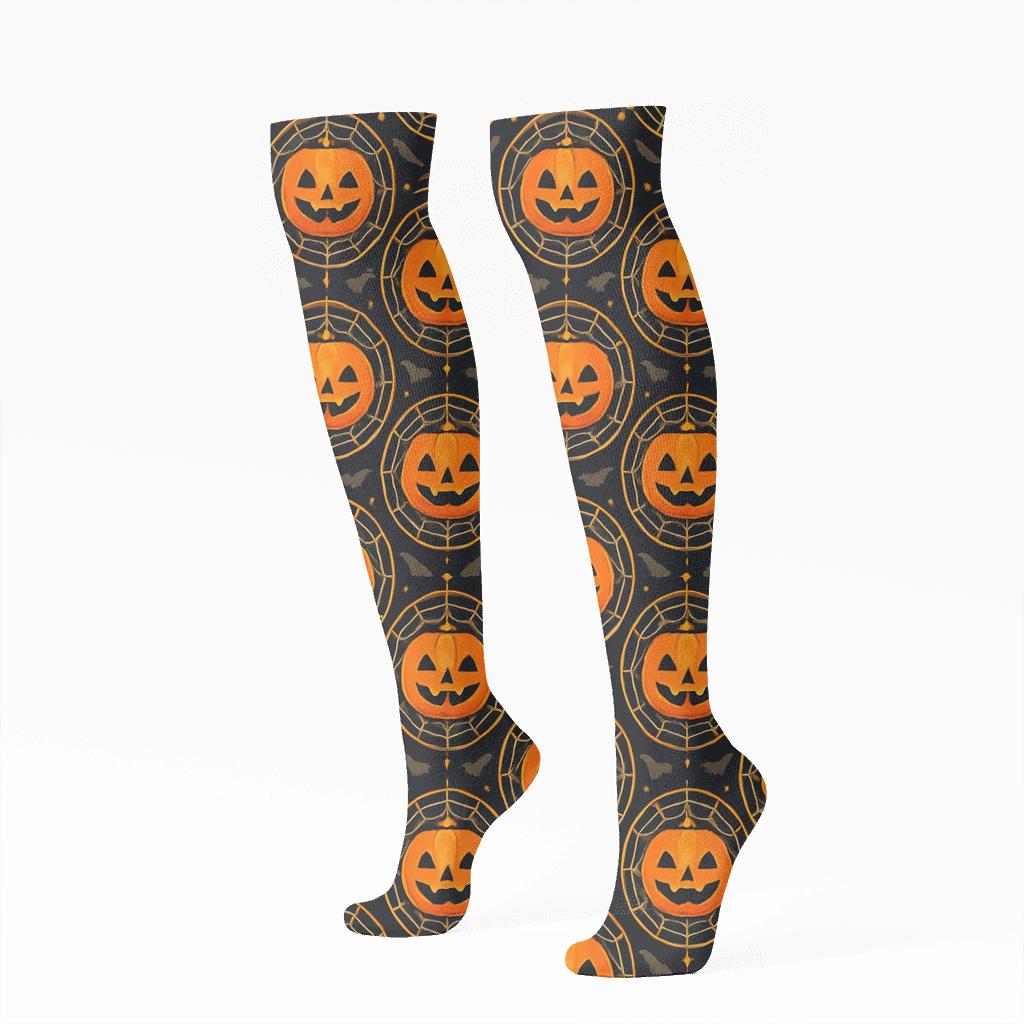 Glowing Jack O Lantern Medallion Repeat On Black Background soft everyday knee-high socks