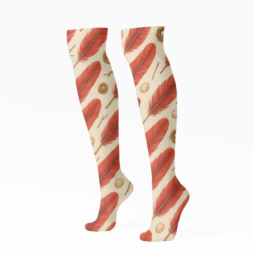 Cardinal Feather Lattice On Ivory Background personalized knee-high socks