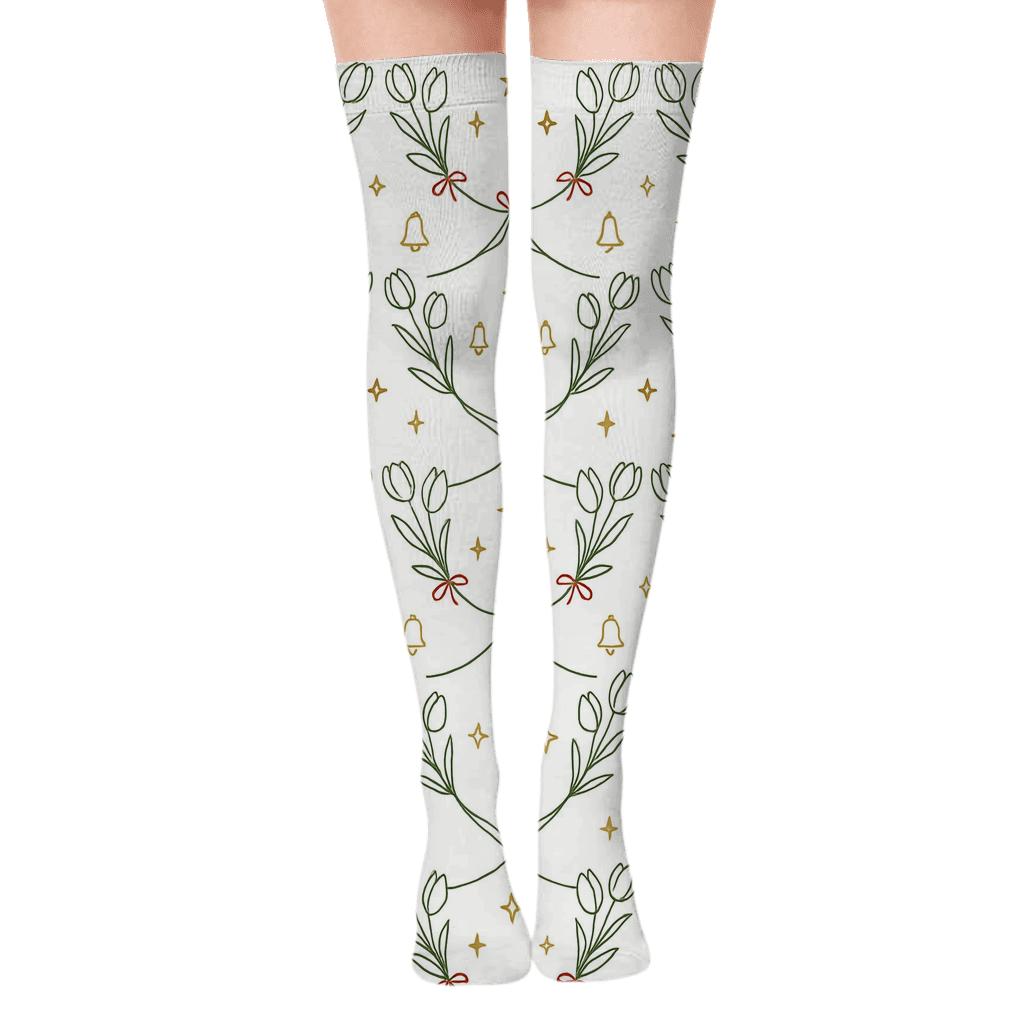 Ivory Line Art Tulip Garland Grid On Snow White Background soft everyday over-the-knee socks