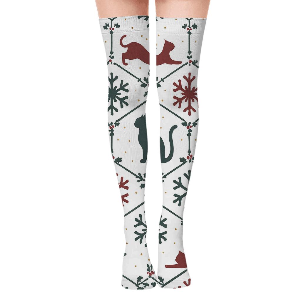 Snowflake Silhouette Cats Lattice On White Background designer print over-the-knee socks