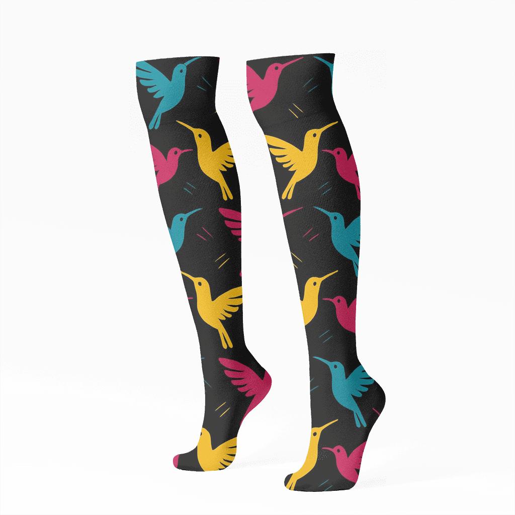 Hummingbird Flight Mirrored Array On Midnight Black premium sports knee-high socks