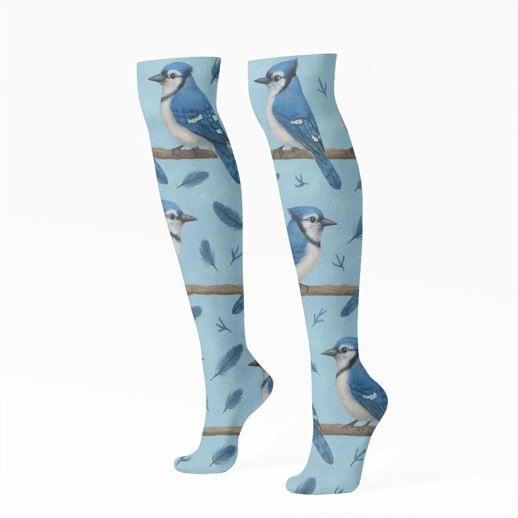 Blue Jay Branch Bands On Sky Blue Background custom knee-high socks
