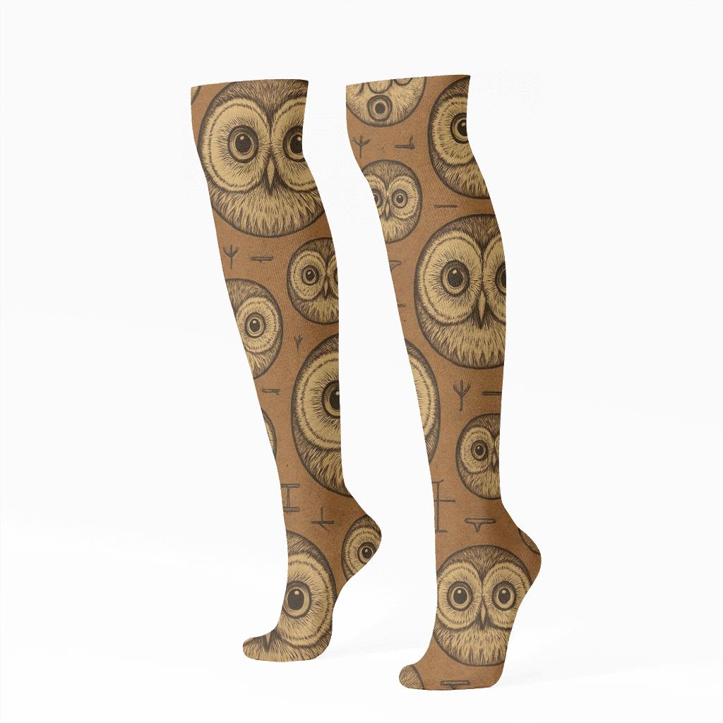 Owl Eye Medallion Tessellation On Warm Brown trendy patterned knee-high socks