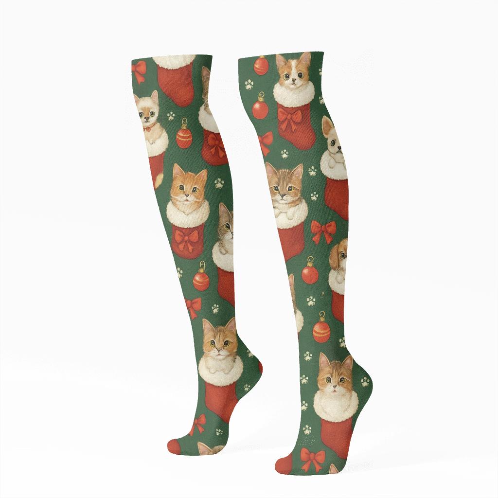 Holiday Pets In Stockings Scatter On Pine Green trendy patterned knee-high socks
