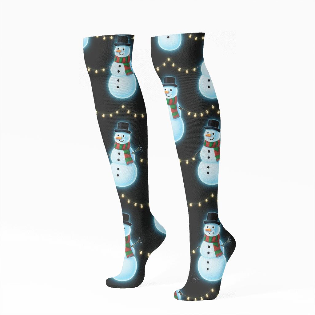 Snowman Glow Array Christmas On Black Background unique graphic knee-high socks