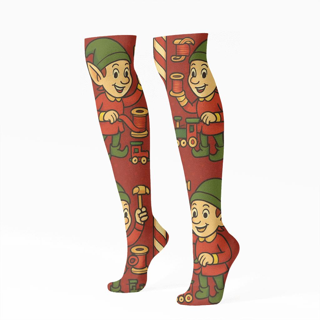 Mirrored Elf Workshop Pattern, Xmas Tool Motifs stylish athletic knee-high socks