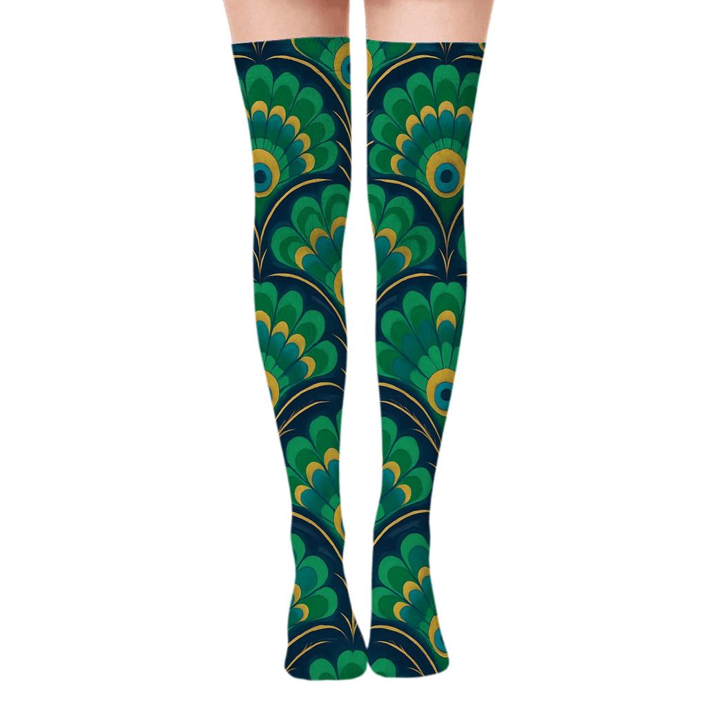Peacock Tail Fan Radial Tiles On Deep Navy designer print over-the-knee socks