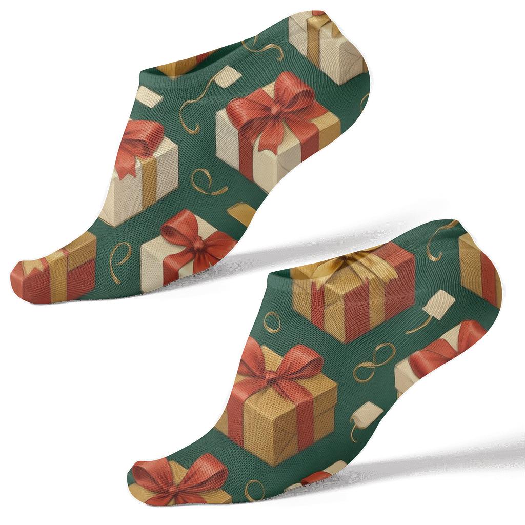 Ribbon Lattice Presents On Deep Green Ground designer print ankle socks